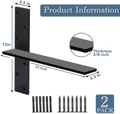 Free Hanging Countertop Support Bracket 12" Lx2.5 W 2 Pack Hidden Floating Wall Bracket 3/8" Thick Heavy Duty Shelf Brac