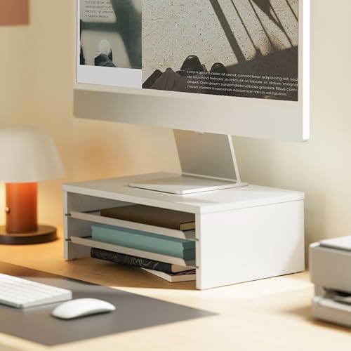 Fenge 14.3-Inch Monitor Stand with Slide-Out Trays, Wood & Metal Desk Shelf