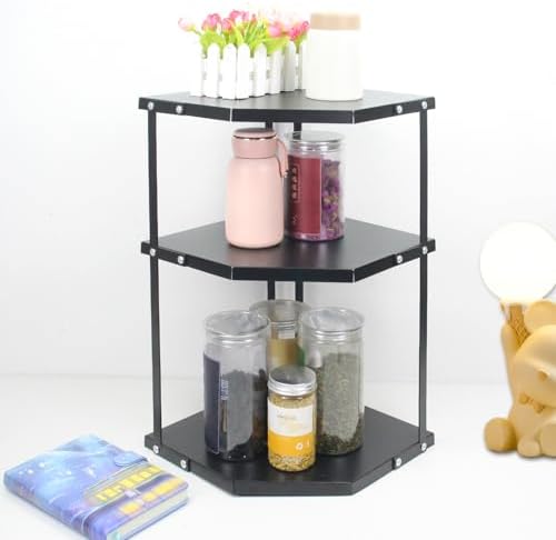 HUIJIN Black 3-Tier Kitchen Corner Rack, Triangular Storage Shelf Organizer, Multipurpose Corner Pot Rack Stand Holder