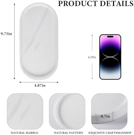 Koville White Marble Oval Tray for Bathroom Countertop, 10" x 5" Natural Marble Vanity Trays, Stone Perfume Organizer Tr