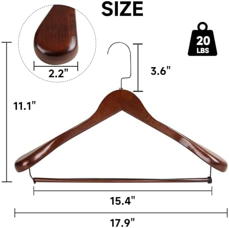 Wide Shoulder Wooden Hangers with Locking Bar, Walnut, 6-Pack