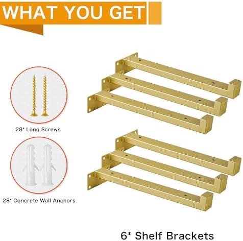 EZYDECOR 6Pcs Heavy Duty Shelf Brackets with Lip Gold 8"/200mm