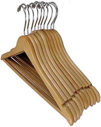 Wood Suit Clothes Closet Hanger w/Non-Slip Bar - Set of 10 Natural Finish Hangers