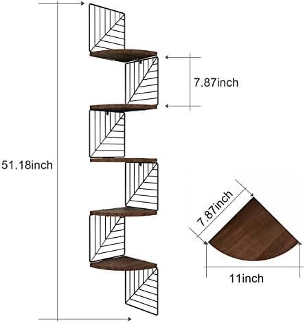 Love-KANKEI Corner Wall Shelf 5 Tier,Solid Wood with Bracket,51"Tall,Walnut