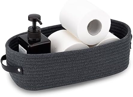 Cotton Rope Toilet Paper Holder Basket with Handle, Home Decor Organizing Small Baskets, Nursery Basket 13"x5.9"x4" Dark