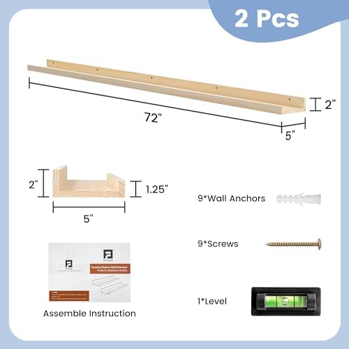 FLYJOE Picture Ledge Shelf, Floating Shelves Set of 2, Solid Pine Wood 72'' Long Large Nursery Book Shelves for Toys Storage, Kids Bookshelf for Living Room Bedroom Decor Books Photo Frames, Natural