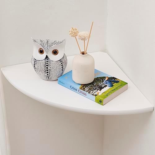 Corner Shelf, White Solid Oak Wood Floating Corner Shelves Wall Mount Round End Floating Speaker Rack Display Shelf for 