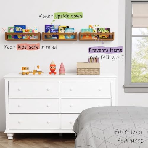 Scalloped Floating Shelves for Nursery, Walnut Scallop Kids Wall Book Shelf