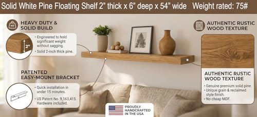 joelsantiques 54 inch Wooden Floating Shelves for Wall - 54x6x2 in, High End Solid Natural Wood, Heavy Duty Bracket, Wal