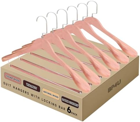 Wide Shoulder Wooden Hangers with Locking Bar, Cedar Wood, 6-Pack