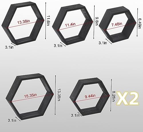 WONFUlity Hexagon Floating Shelves Honeycomb Wall Mounted Wood Farmhouse Storage for Bathroom, Kitchen, Bedroom, Living 