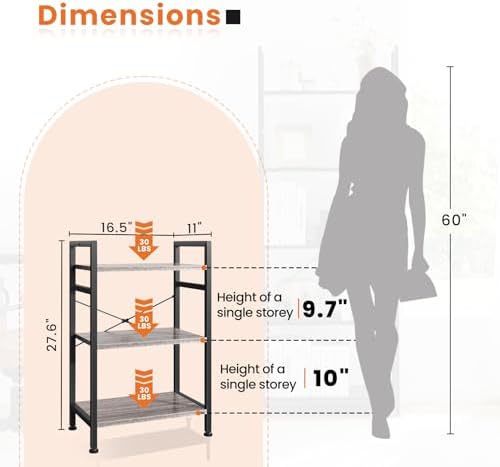Sweetcrispy 3 Tier Bookshelf, Bookcase with Shelves, Wood Grey