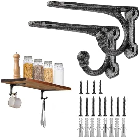 Shelf Brackets 4 Inch 2 Pack, Cast Iron Shelf Brackets for Wall Shelving, Rustic Shelving Brackets with Hooks Black, Hea