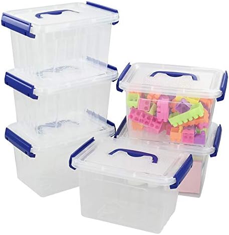 Pekky 3.5 Quart Small Plastic Lidded Storage Box with Blue Handle, 6 Packs