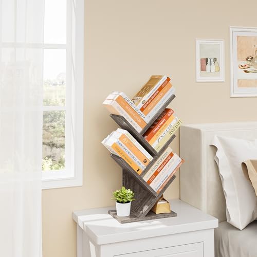 Hoctieon 4 Tier Tree Bookshelf, 4 Shelf Bookcase, Free Standing Tree Bookcase, Display Floor Standing Shelf for Books, B