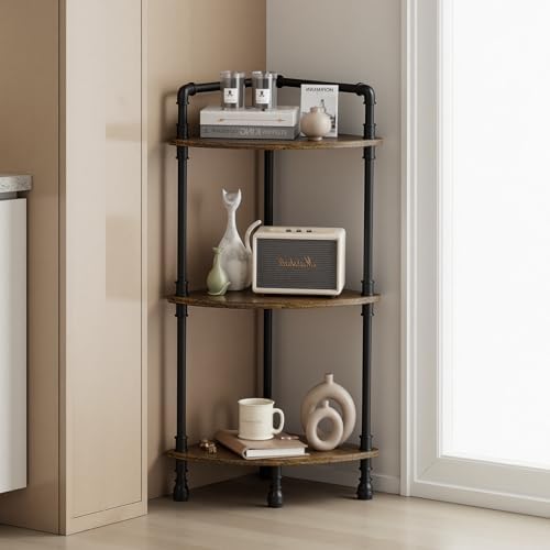 Aduanbang Fun Memories 3-Tier Corner Shelf Stand, Grey Storage Bookshelf for Bathroom, Living Room, Kitchen, Home Office