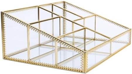 Vintage Gold Makeup Organizer - Glass Makeup Organizer Countertop Organizer for Make-Up Brushes Vanity, Tabletop Organiz
