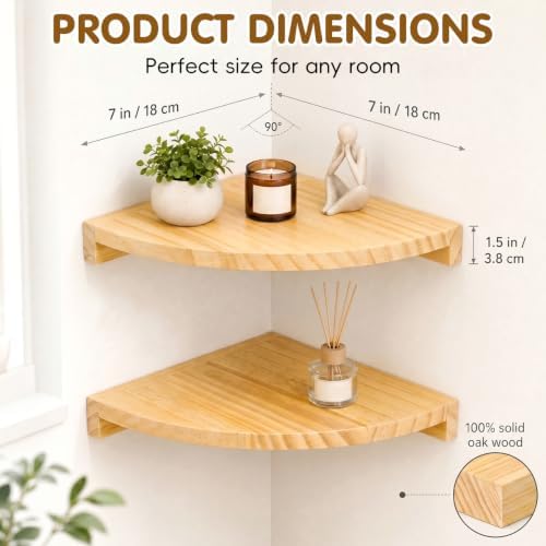 Alipis Natural Wood Corner Shelf Wall Mounted, Dual-Fortified Floating Corner Shelves for Wall Storage, Round End Sector