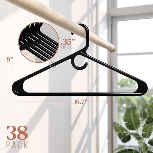 NEATERIZE Thick Heavy Duty Hangers - Black Plastic Clothes Hangers 38 Pack - Great for Coat Hanger, Jackets Jeans & Suit Hanger for Closet - New Apartment Essentials Percheros Ganchos para Colgar Ropa