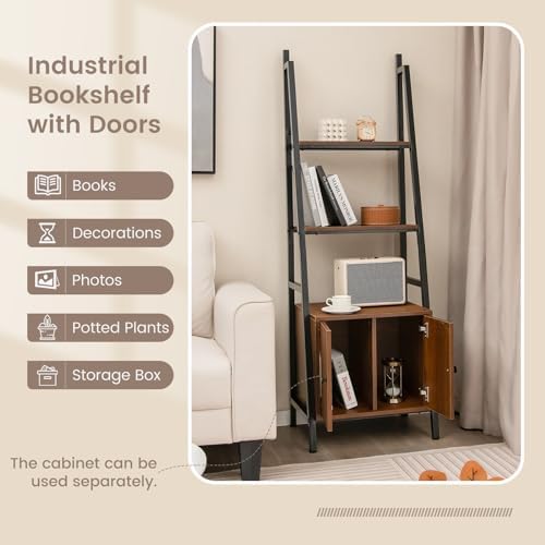 Tangkula 4-Tier Ladder Shelf, Industrial Bookshelf with Cabinet