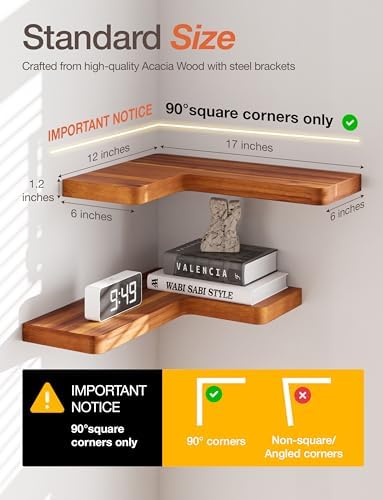 BATODA Acacia Wood Corner Floating Shelves 17" x 12"– Corner Shelf Wall Mounted - Floating Book Shelves for Wall - Brack