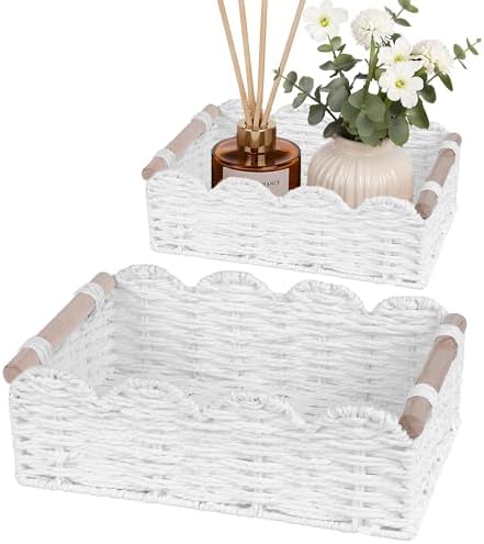 iEGrow Paper Rope Small Storage Baskets for Organizing, Set of 2 Scalloped Edge Wicker Basket with Wooden Handles Toilet Paper Basket for Over Toilet Storage Shelf, Home Decor, Living Room (White)