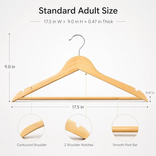 MIZGI 30-Pack Natural Wood Hangers, 0.47” Slim, 360° Swivel, Pant Bar