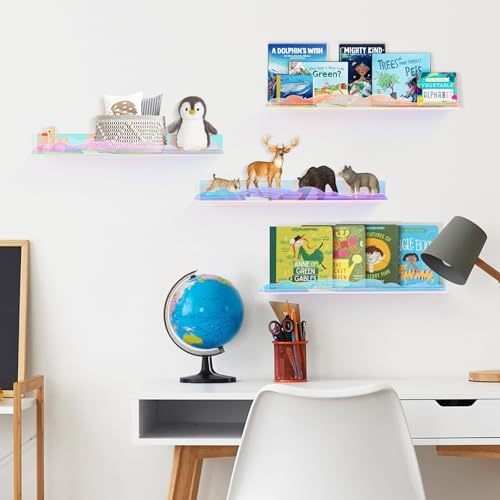 Iridescent Rainbow Acrylic Floating Shelves, Wall Mounted, 15in, 4 Pack
