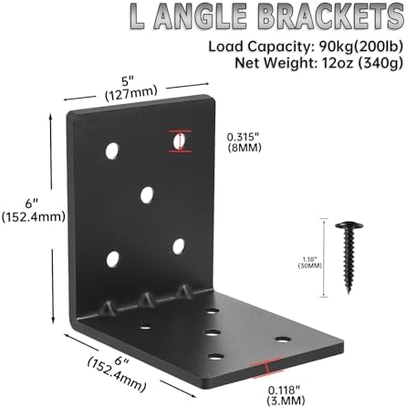 4 PCS Heavy Duty Steel Corner Brackets, 6"x6"x5" 90 Degree L Right Angle Bracket, DIY L Shelf Brackets, Metal Joint Timb