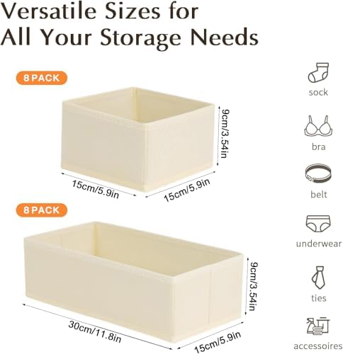 DIMJ Drawer Organizers Clothes, Set of 16 Dresser Organizer Bins, Fabric Closet Organizers and Storage, Shallow Drawer D