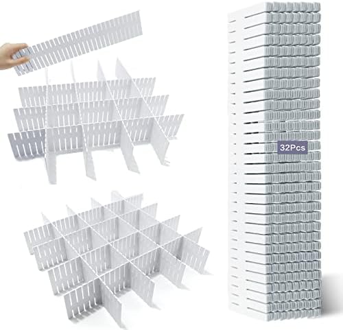 Drawer Dividers Adjustable Organizer 32Pcs - Suitable for Socks,Underwear,Makeup,Tidy Kitchen, Bedroom,White Dresser