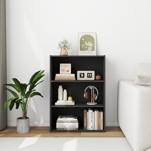 3 Tier Engineered Wood Modern Bookshelf, Wide Bookshelf with Three Wooden Shelves, Storage Book Shelves for Bedroom, Liv