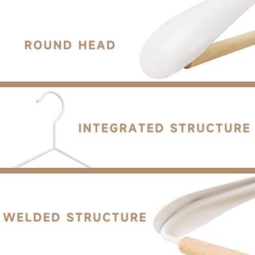 Wide Shoulder Wire Hangers with Beechwood Pants Bar, White, 12-Pack