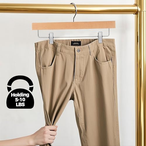 Quality Hangers Wooden Pants Hangers - 10-Pack Swivel Hook Cloth Hanger Set - Lotus Wood Skirt, Pant, Shorts and Slack Hangers with Adjustable Clip - Natural Clothing Hanger Set in 6 Modern Colors