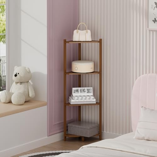 Wisuce Bamboo Small Corner Shelf Stand, 4-Tier Brown Corner Bookshelf