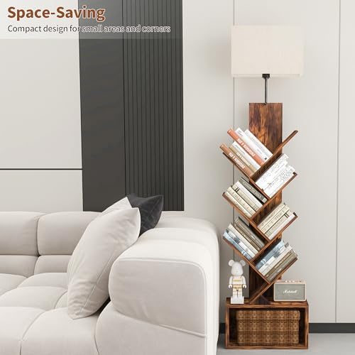 3-Tier Tree Bookshelf with 3-Color LED Lights, Small Narrow Tall Floor Standing Bookcase with Storage Organizer, Rustic 