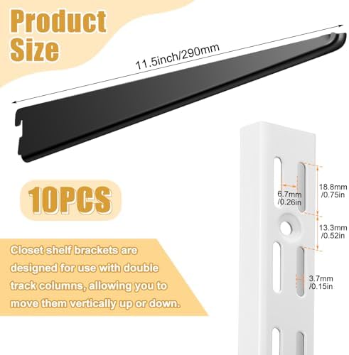 Yalikop 10 Pack Adjustable Shelf Brackets for Double Track System Closet Organization Heavy Duty Wire Shelf Brackets (Bl