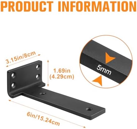 Black Floating Shelf Brackets 6 inch 6 Pack L Brackets for Floating Shelves Metal Heavy Duty Shelf Bracket for DIY Shelv