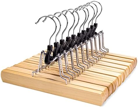 Nature Smile Wooden Pants Skirt Hangers, Smooth Finish Solid Wood Non Slip Jeans Slack Clamp Hangers Hair Extension Hangers (10 Pack Natural)…