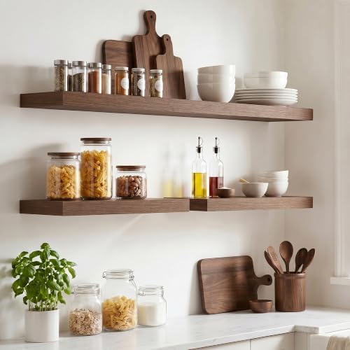 8 inch Deep Floating Shelves for Wall, 40" Wide, Walnut Finish, 2-Pack