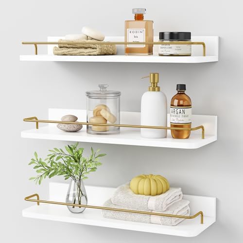 Forbena Gold Floating Shelves for Wall Decor Set of 3, Bathroom Shelves Over Toilet, Modern Display Wall Shelf with Guar