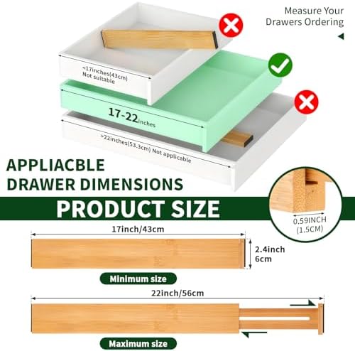 CMOOD 6 PCS Bamboo Drawer Dividers, Kitchen Drawer Dividers, 17"-22" Expandable Adjustable Bamboo Drawer Dividers Organi