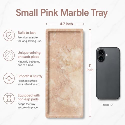 Pink Marble Tray for Vanity, Slim Natural Stone Decorative Tray for Bathroom, Perfume Organizer, Jewelry Dish, Kitchen &