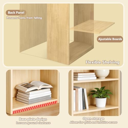 CTESNE【2026 Adjustable Shelves 5-Tier Bookcase, 71 inches, Wooden Open Display Floor Bookshelf (Oak Color)
