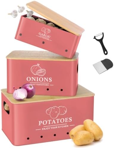 Kitchen Vegetable Storage Set of 3, Metal Onion Garlic Potato Storage Set, Kitchen Canisters Vegetable Keeper Containers