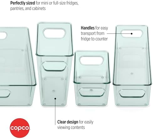 Copco Mini Fridge Bins Set of 4 Green - Refrigerator Organizer Bins with Handles, Clear Storage Bins for Fridge, Pantry 