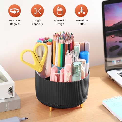 Desk Pencil Pen Holder, 5 Slots 360°Degree Rotating Pen Organizers for Desk, Desktop Storage Stationery Supplies Organizer, Cute Pencil Cup Pot for Office, School, Home, Art Supply, Black