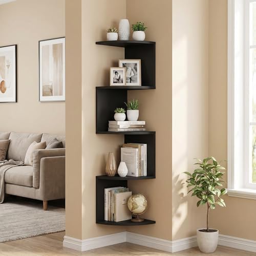 5-Tier Corner Shelf Wall Mount, Screw-Mounted Floating Bookshelf with Enhanced Support, Space-Saving Zigzag Shelf for Be