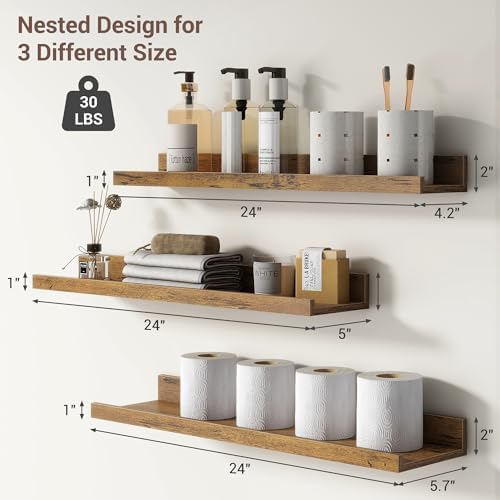 Axeman Picture Ledge Shelf, 24 Inch Brown Floating Shelves Set of 3
