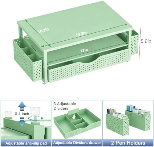 Spacrea Computer Monitor Stand with Drawer and 2 Pen Holders, Sage Green